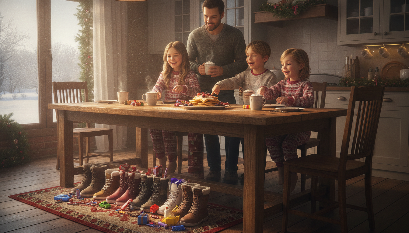 A joyful family gathered in a bright kitchen on a winter morning, looking at small gifts and treats from their shoes alongside festive star-shaped pancakes and hot cocoa