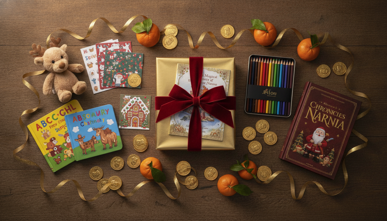 Flat-lay of St. Nicholas Day shoe-filler gifts organized by age group, including plush animals, board books, sticker sets, colored pencils, and a beautifully wrapped personalized storybook as the centerpiece keepsake