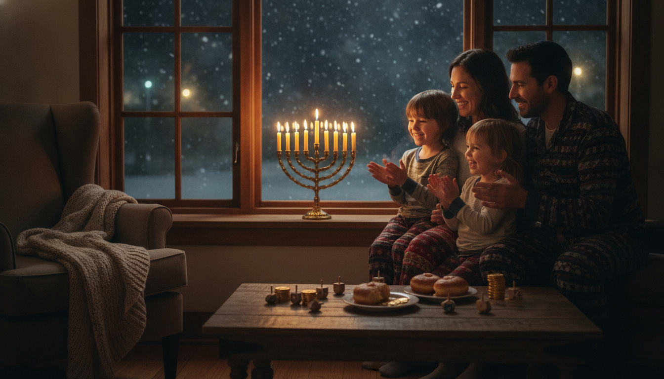 A Jewish family gathered around a glowing hanukkiah menorah on a windowsill, with young children in pajamas smiling at the candlelight, dreidels and chocolate gelt on the table