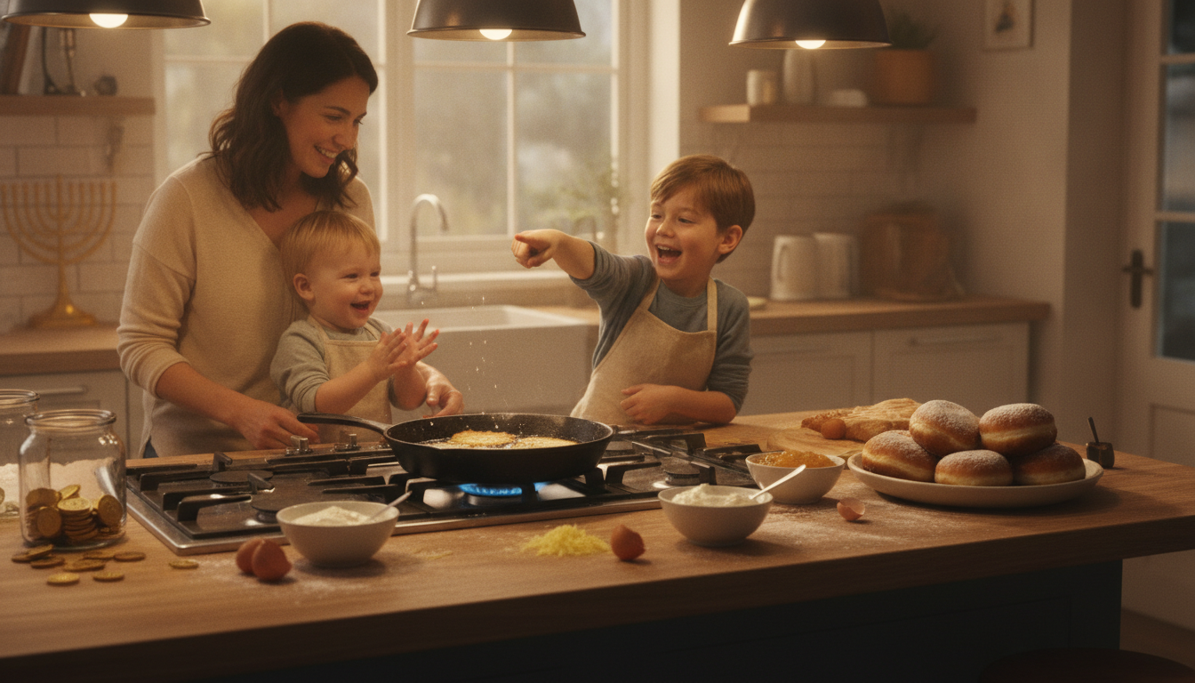A parent and two young children making latkes together in a warm kitchen, with a plate of sufganiyot nearby and festive Hanukkah atmosphere