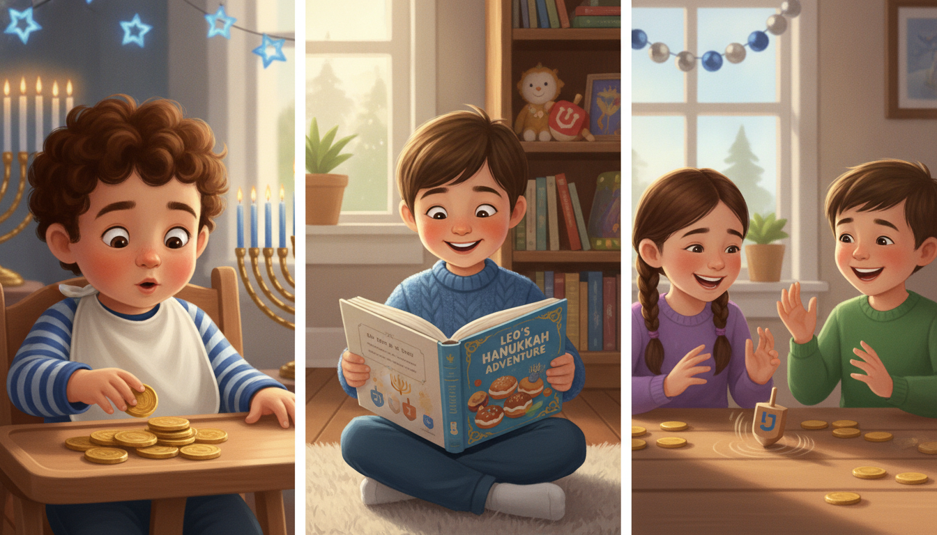 Hanukkah activities across different ages: a toddler reaching for chocolate gelt, a preschooler delighting in a personalized storybook, and two older children playing dreidel together