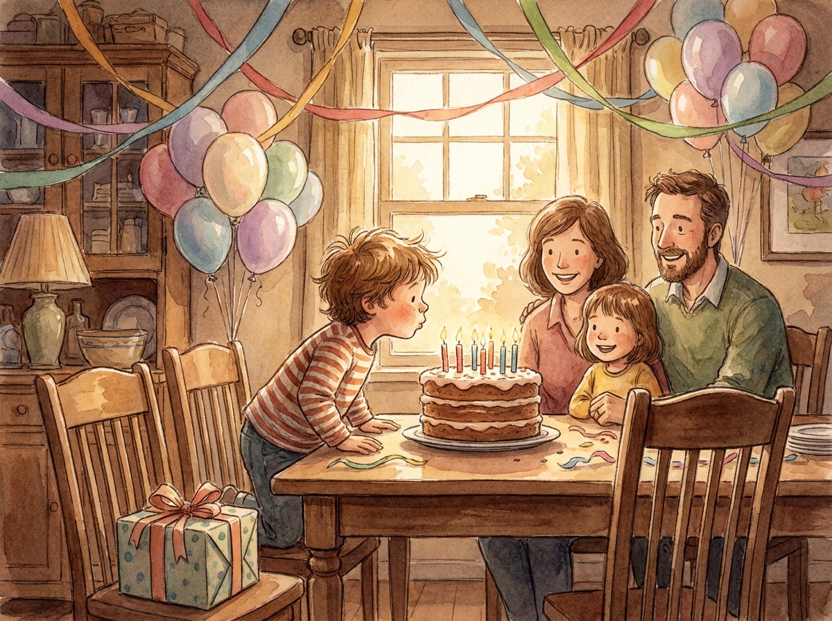 Child blowing out birthday candles with a personalized hardback storybook nearby