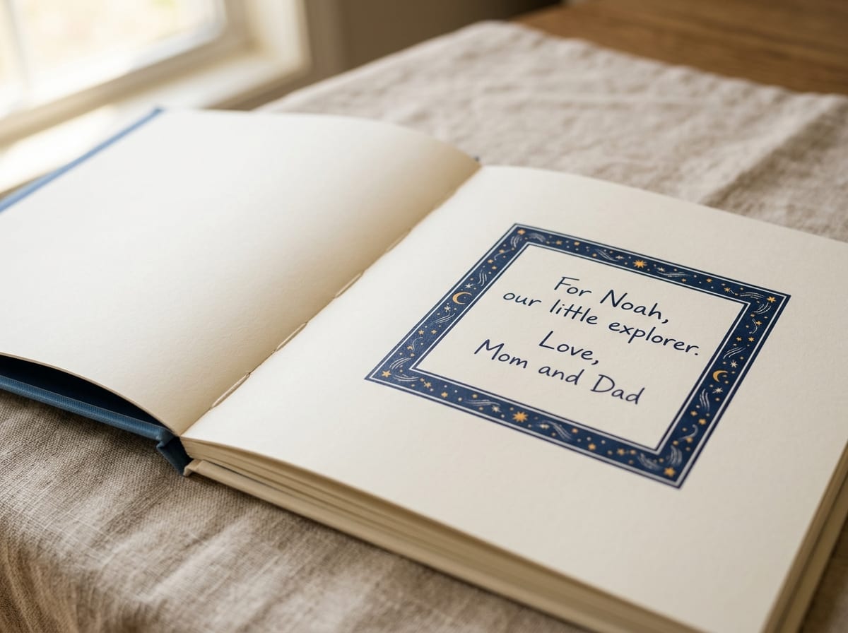 The dedication page of a printed storybook with a bookplate