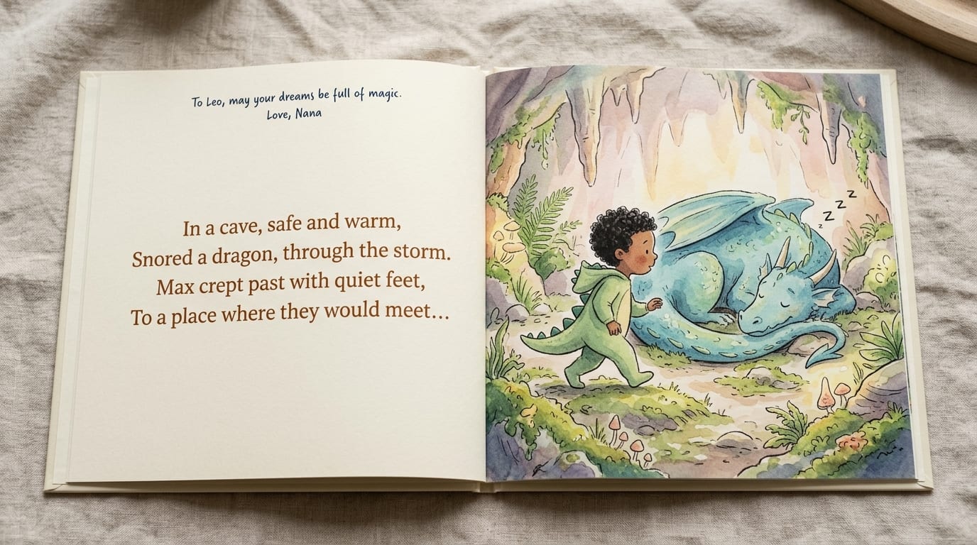 The hardcover open flat showing a story spread
