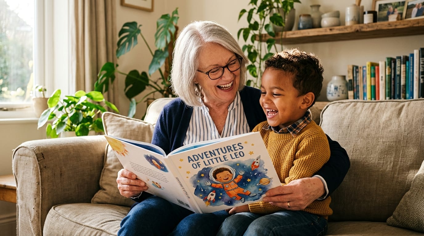 A grandmother reading a personalized hardcover to a laughing boy on her lap