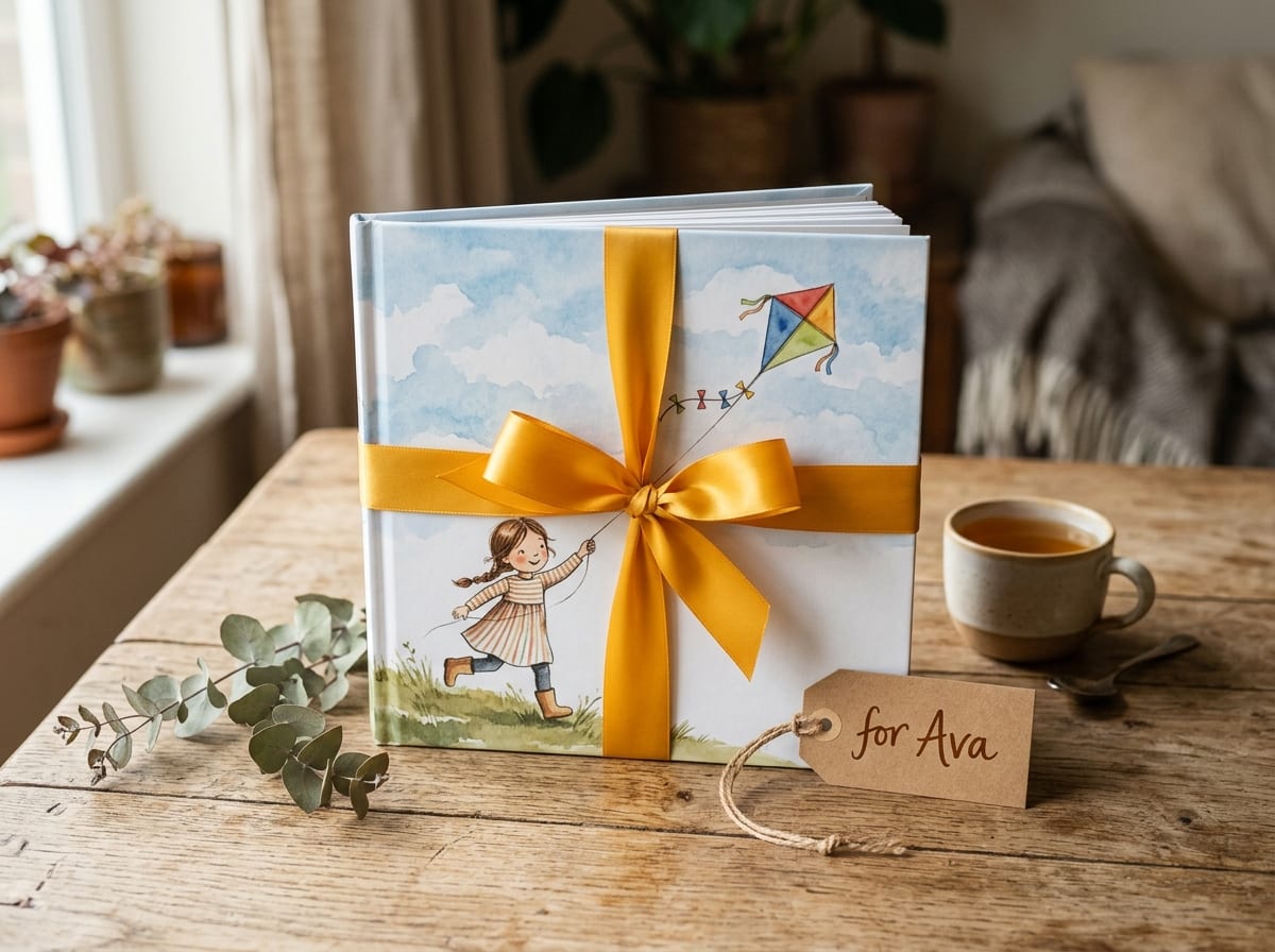 A personalized hardcover storybook tied with a marigold ribbon