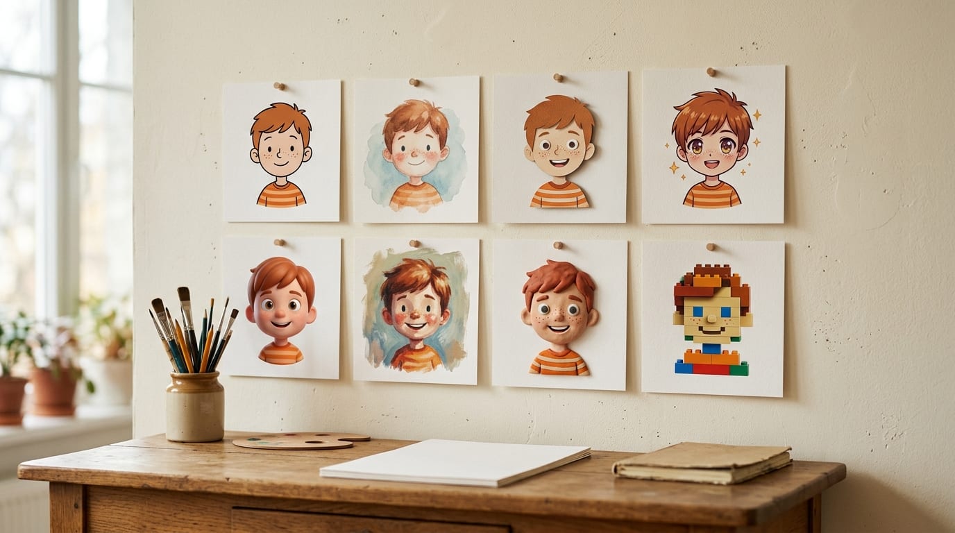 Eight art prints of the same child in eight illustration styles pinned on a wall