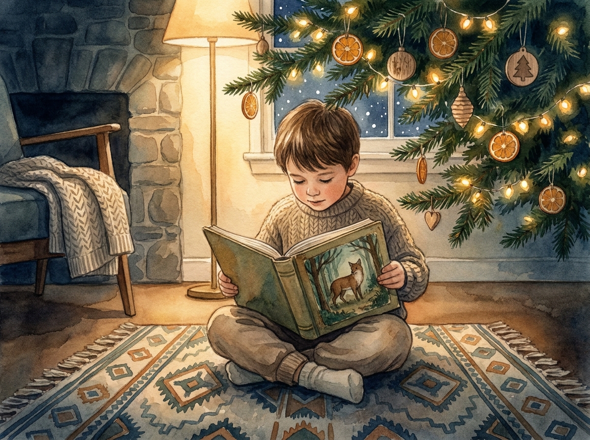 Child reading a personalized hardback Christmas storybook beneath a Christmas tree