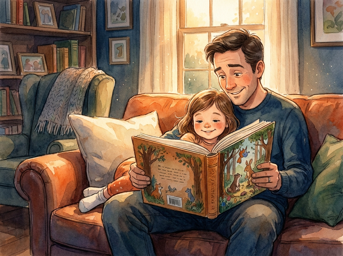 Illustrated father reading a personalized hardback storybook with his child