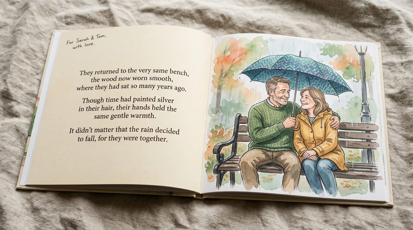 The printed hardcover open to a story spread