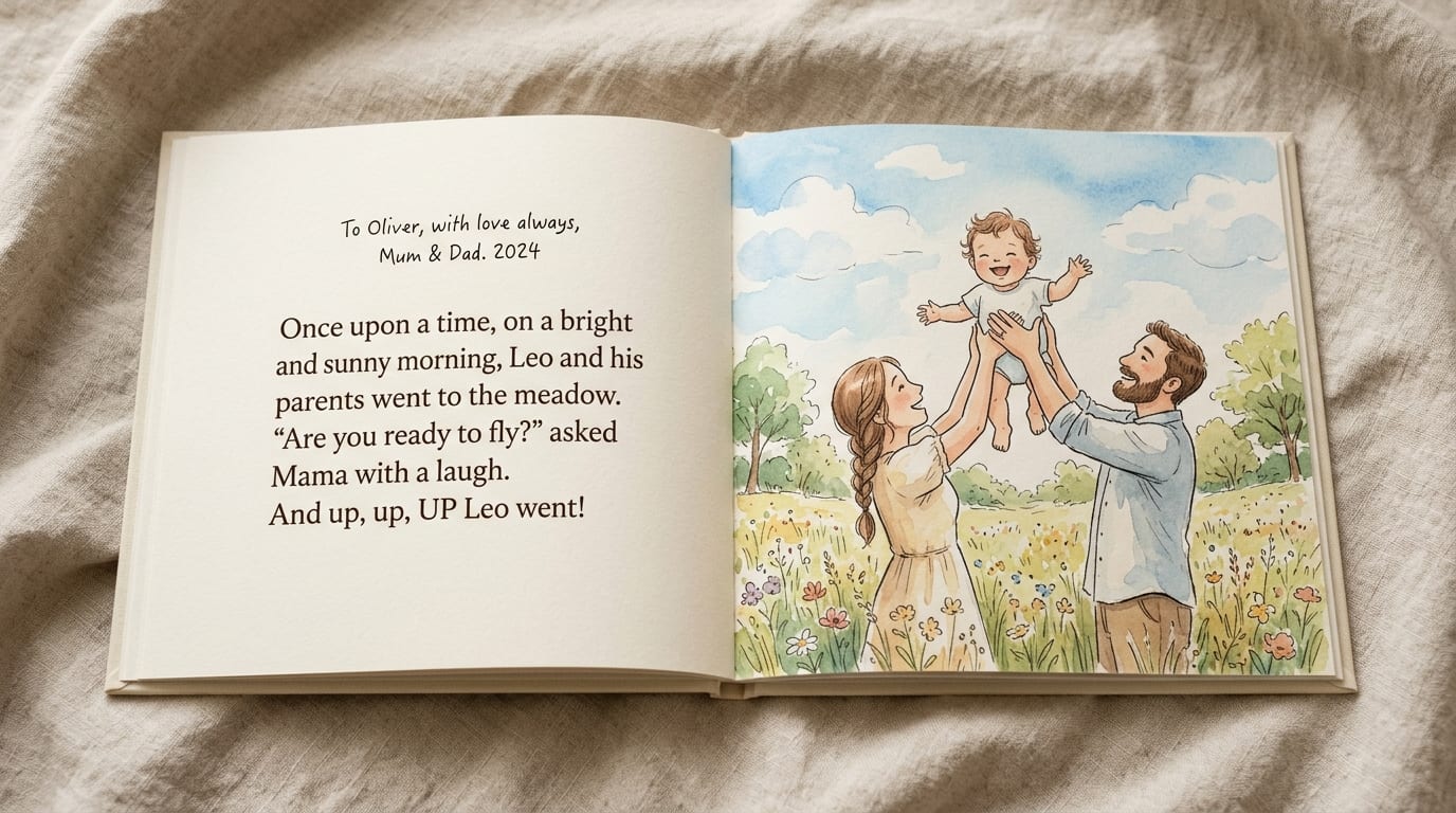 The printed hardcover open to a story spread