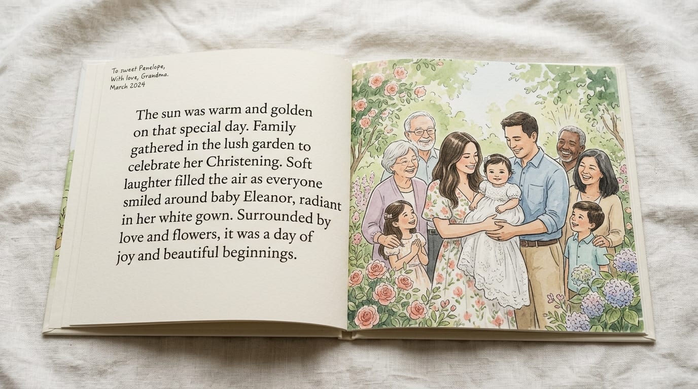 The printed hardcover open to a story spread