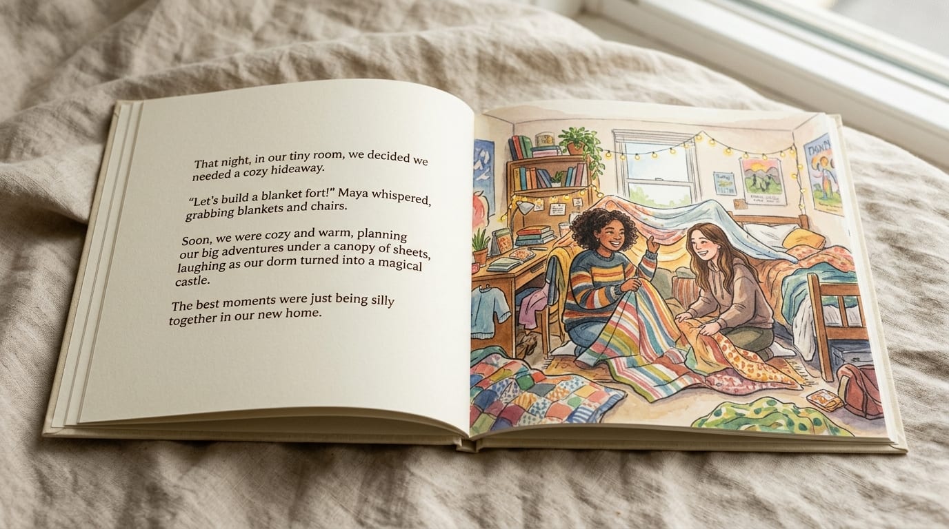The printed hardcover open to a story spread