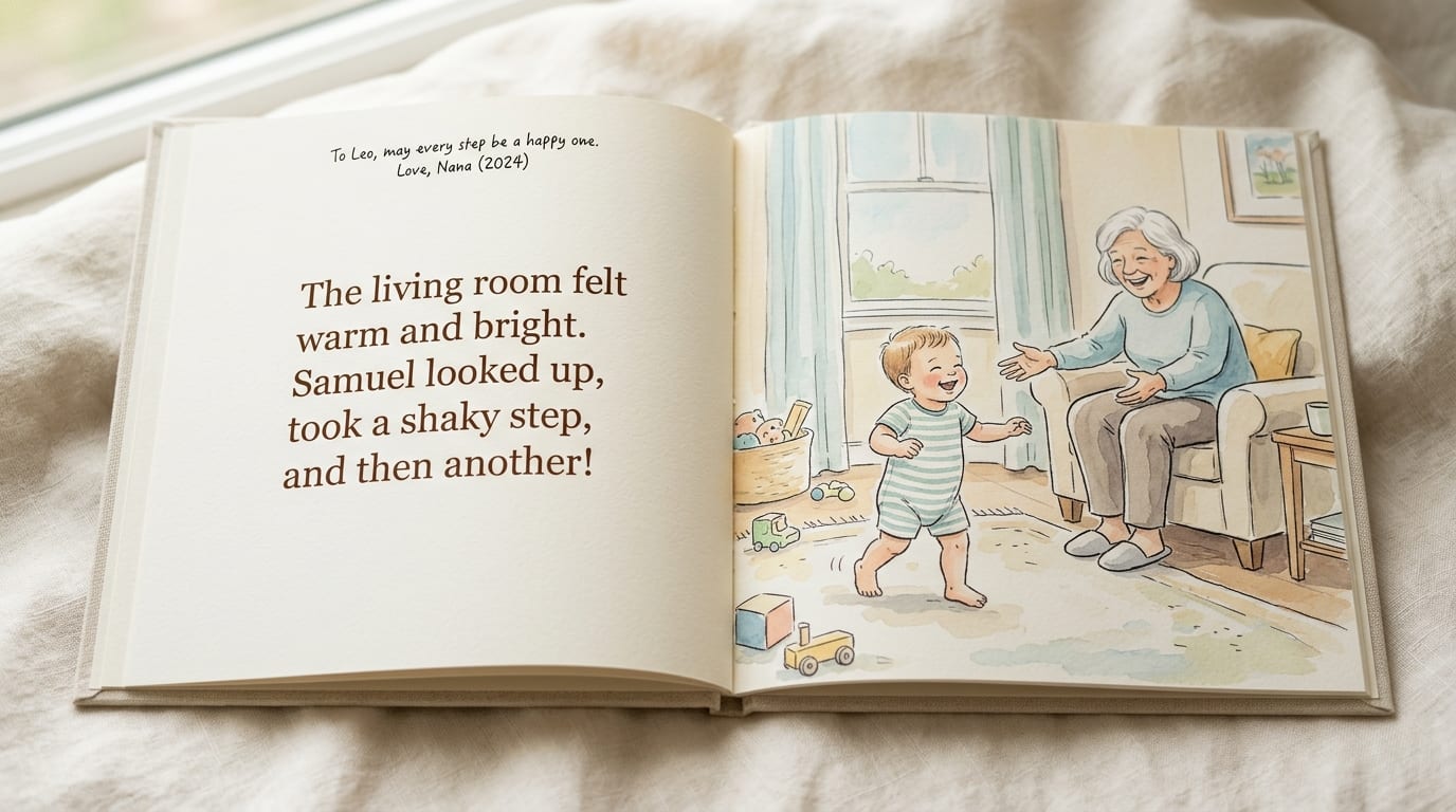 The printed hardcover open to a story spread