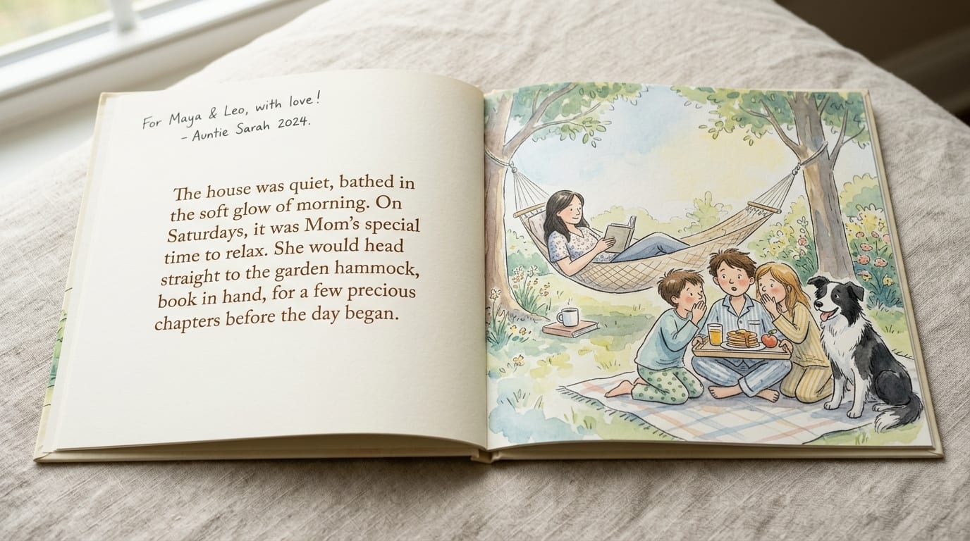 The printed hardcover open to a story spread