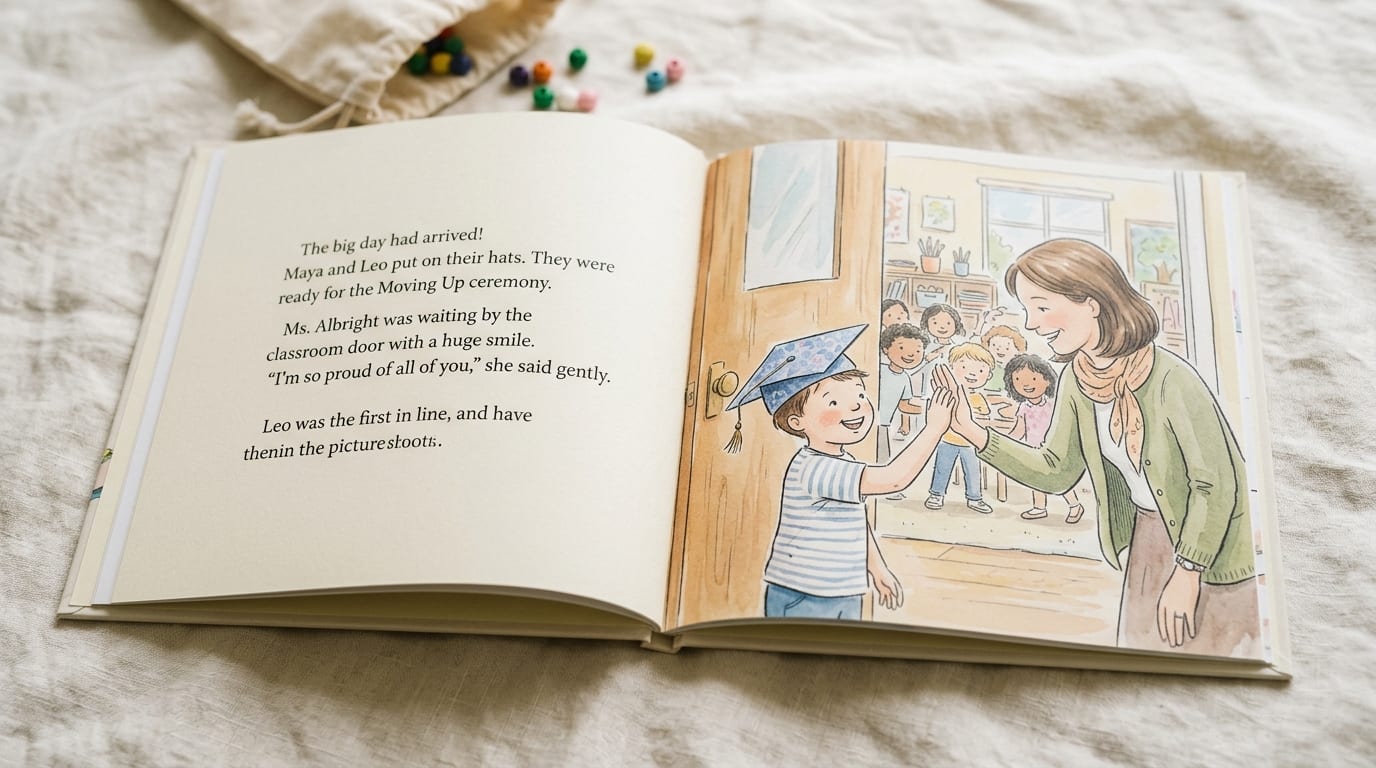 The printed hardcover open to a story spread