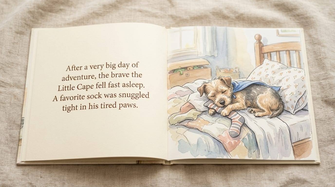 The printed hardcover open to a story spread