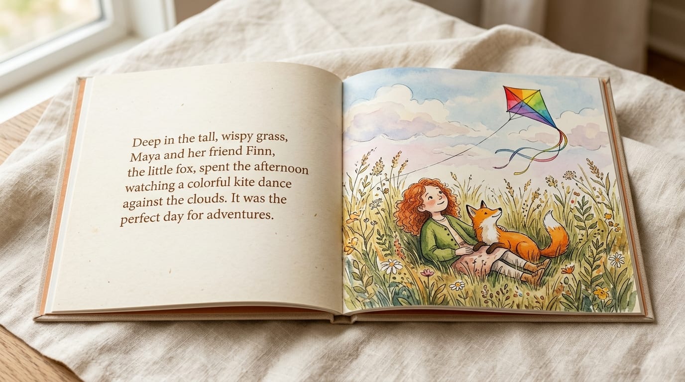 The printed hardcover open to a story spread