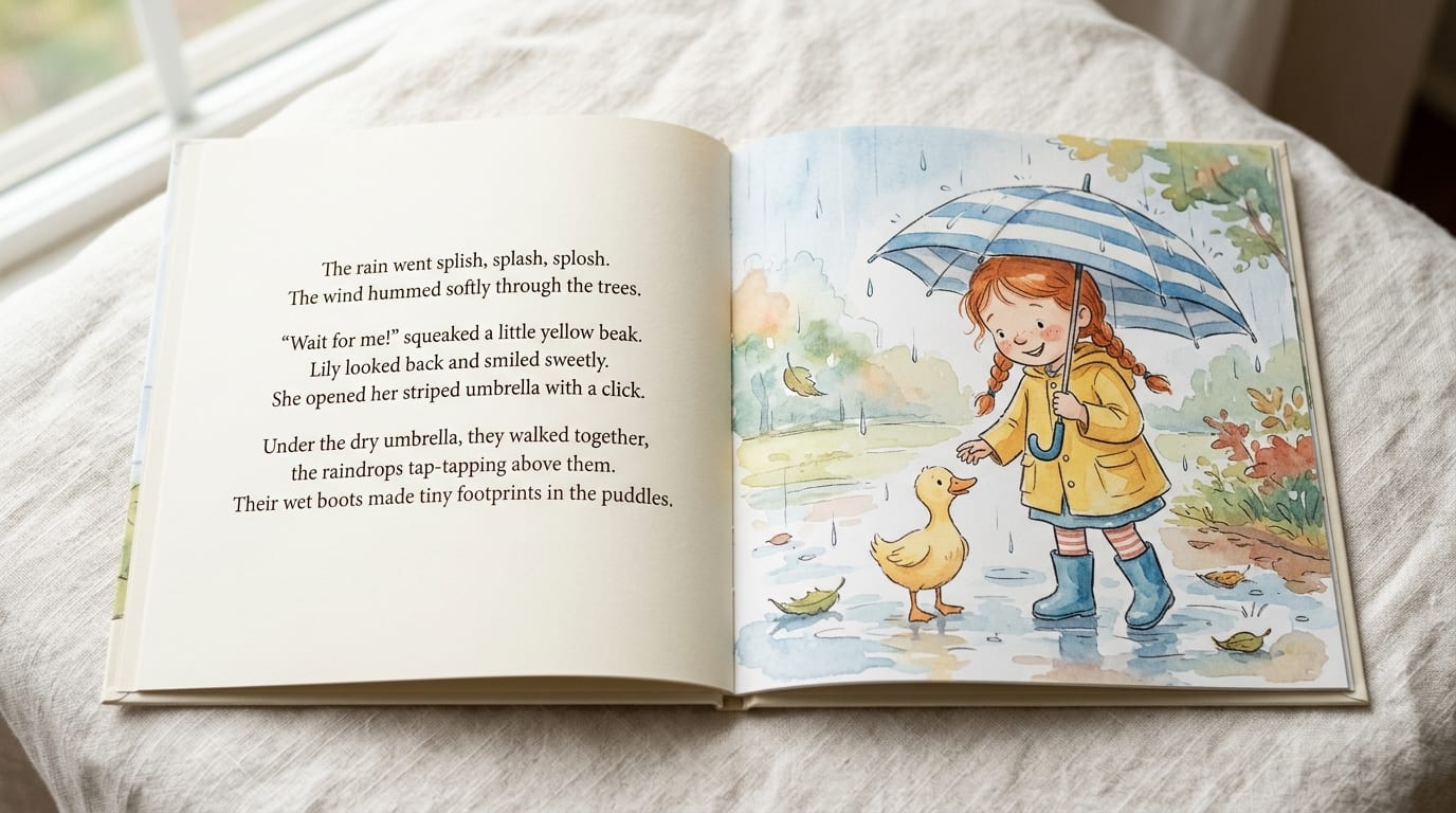 The printed hardcover open to a story spread