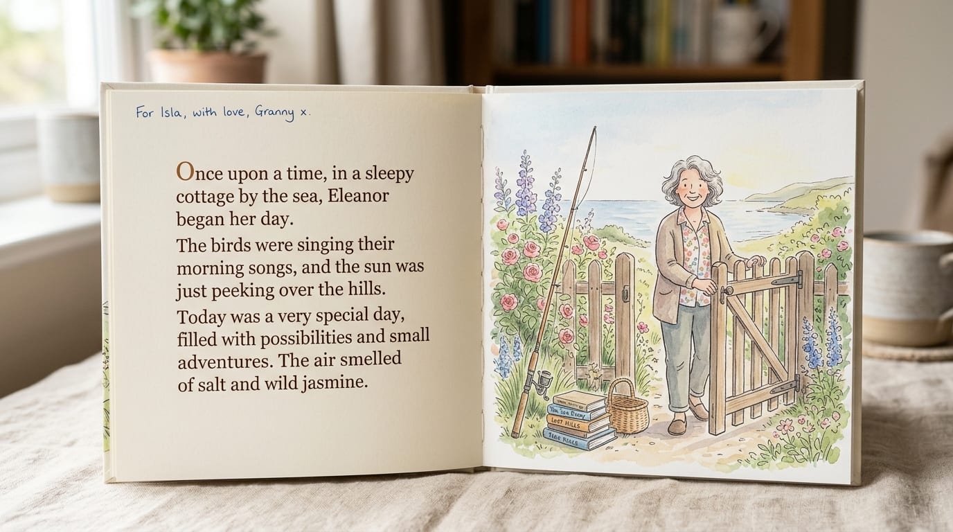 The printed hardcover open to a story spread
