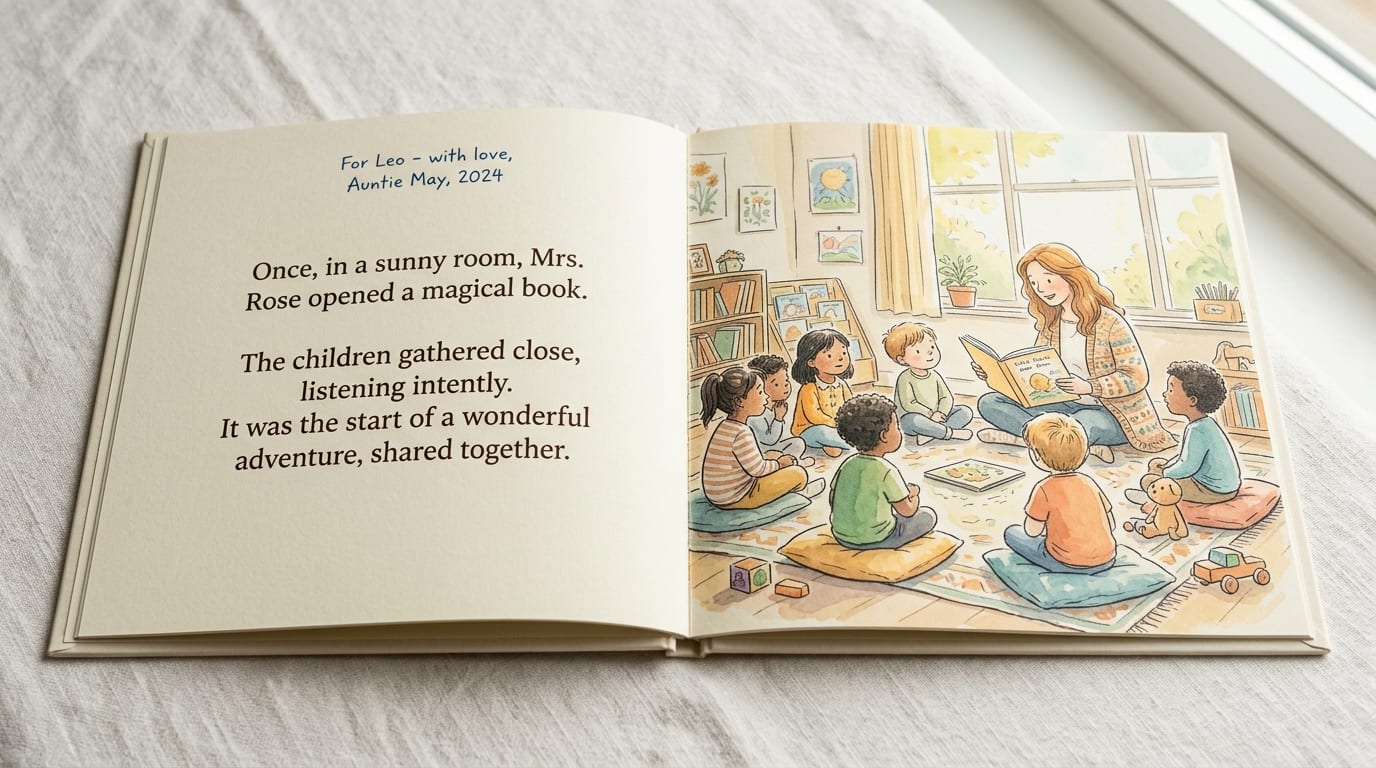The printed hardcover open to a story spread