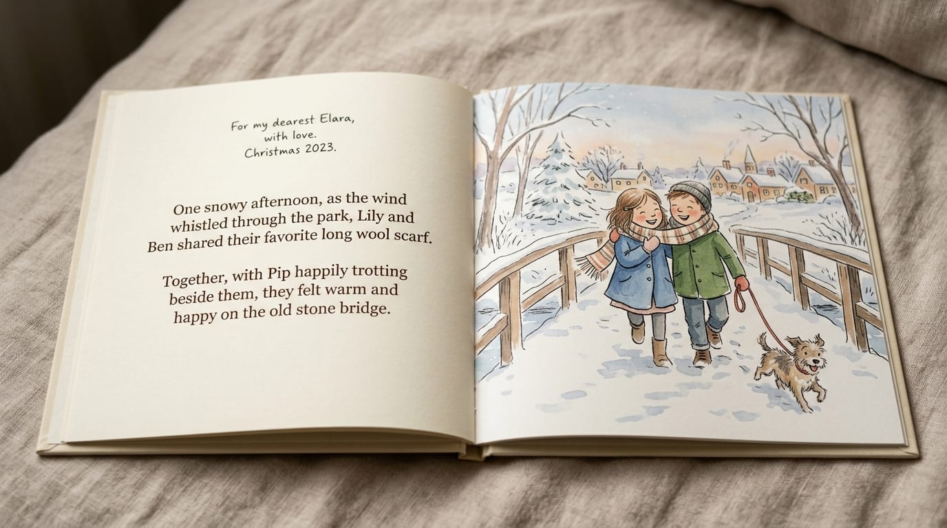 The printed hardcover open to a story spread
