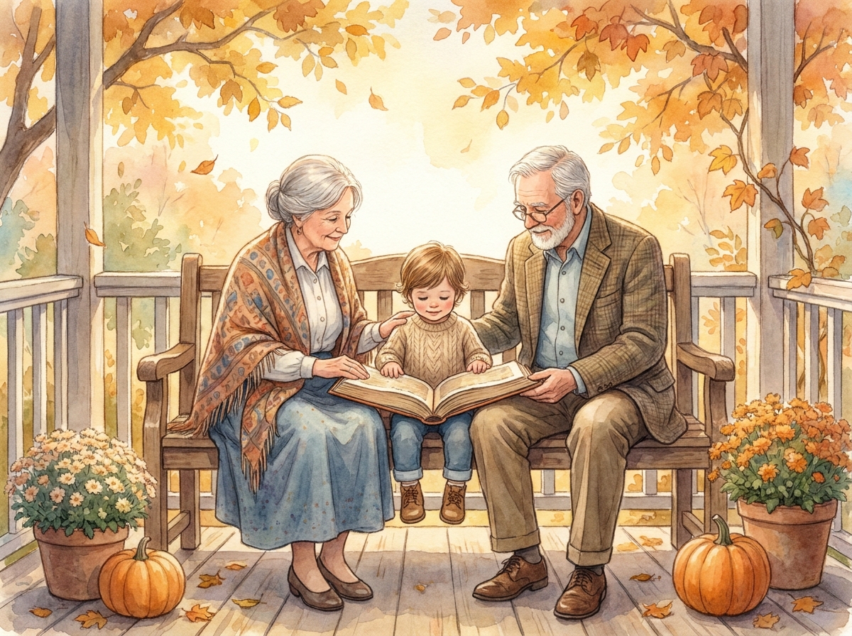 Illustrated grandparents reading a personalized storybook with their grandchild