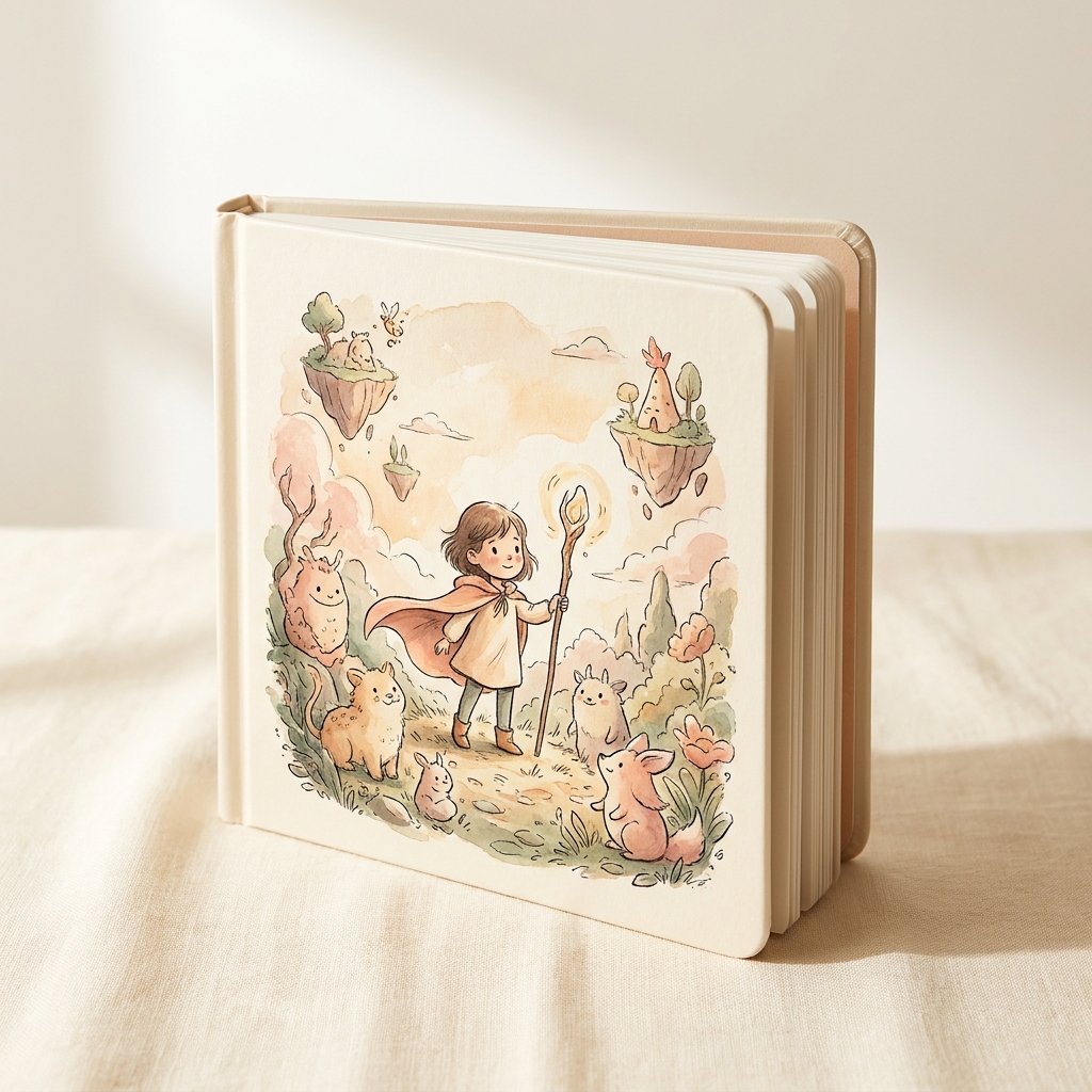 Open personalized storybook showing illustrated pages