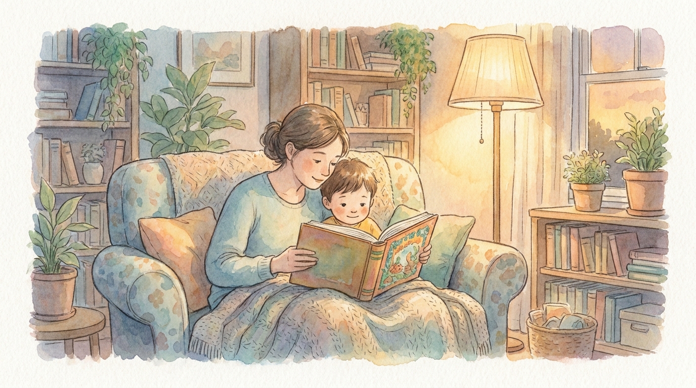 Watercolor illustration of a parent and child reading a personalized hardback storybook together by warm evening lamplight