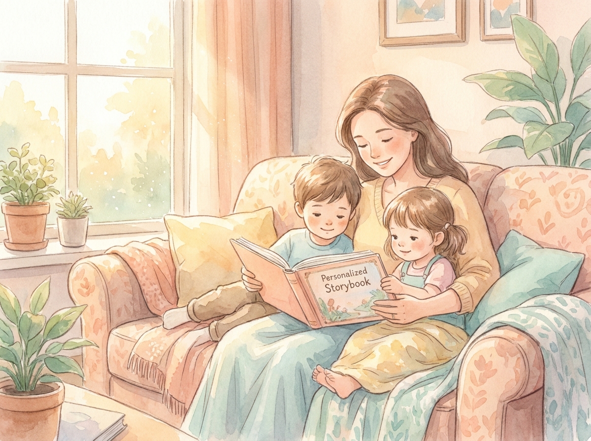 Illustrated mother reading a personalized hardback storybook with her children