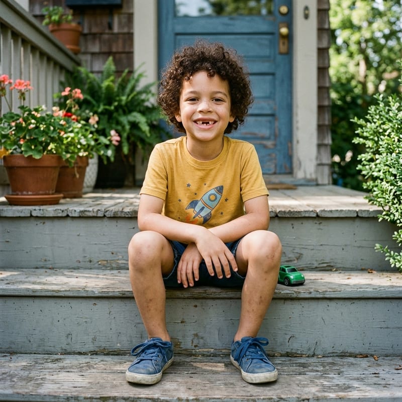 The reference photo of a freckled boy on porch steps